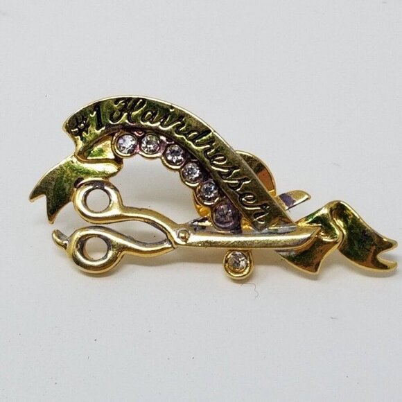 #1 Hairdresser Pin Scissors Stylist Hair Dresser Jewelry Gold tone Tie Clip Avon - Picture 1 of 5